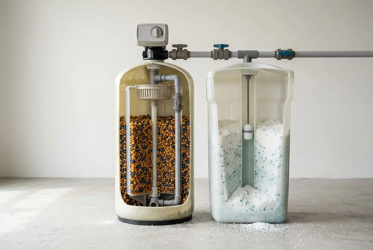 Adoucisseurs d'eau montrant réservoirs internes et filtre échangeur, avec sel et procédé de traitement du calcaire en Belgique.