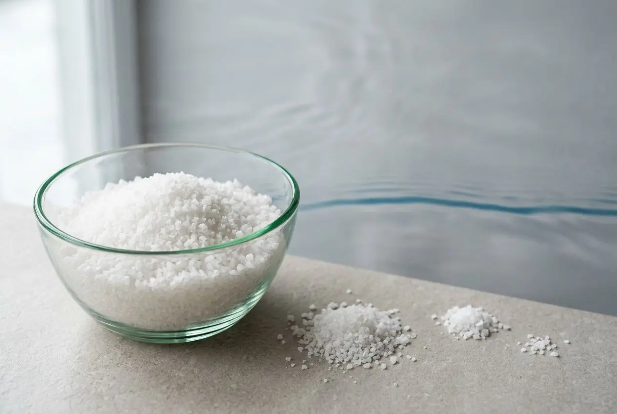 Bol blanc de sel dans un bol en verre près de petits tas de sel iodé, sur une surface claire. adoucisseurs d'eau (intégré naturellement).
