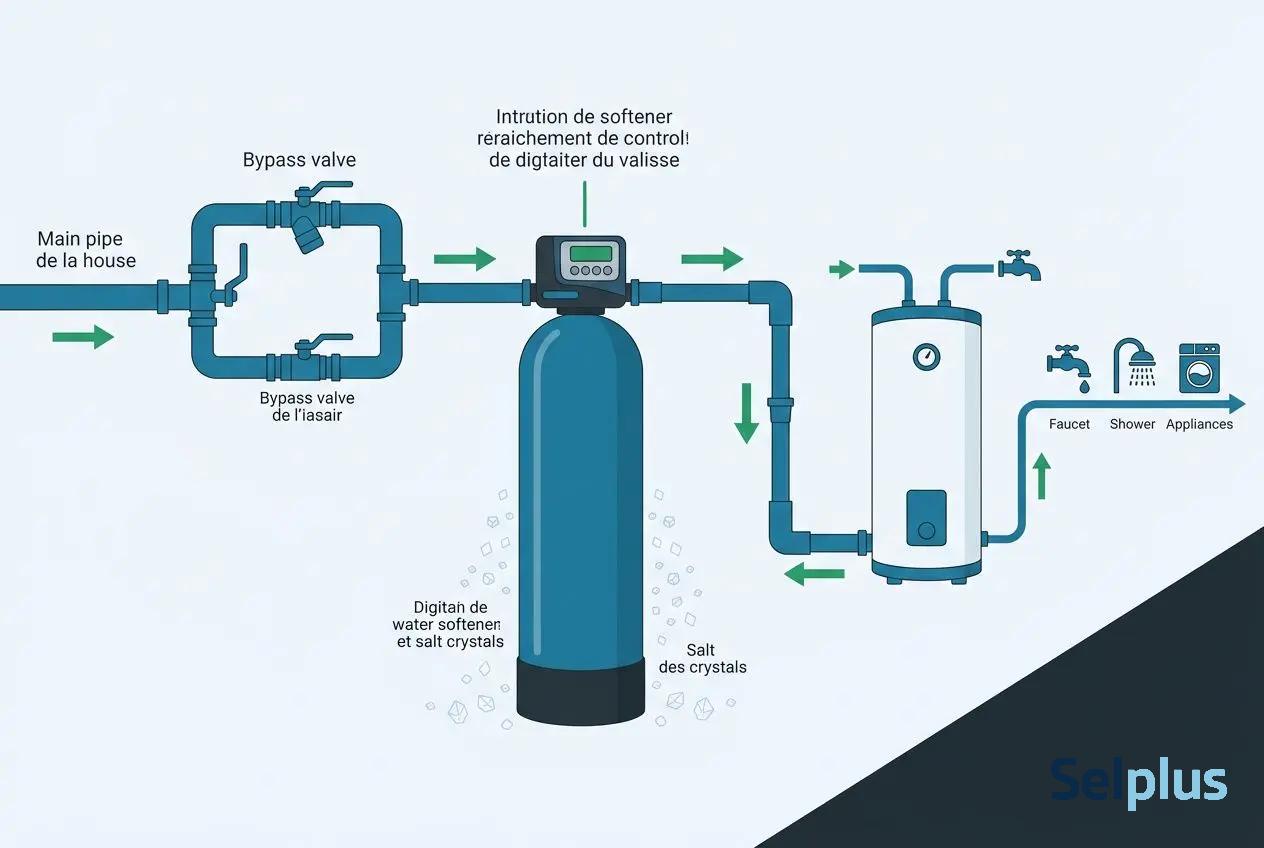 Schéma d’un adoucisseur anti calcaire montrant le passage de l’eau du réseau domestique, bypass et filtre, puis le dispositif de traitement avec levier et réservoir, jusqu’au circuit vers les robinets et appareils.