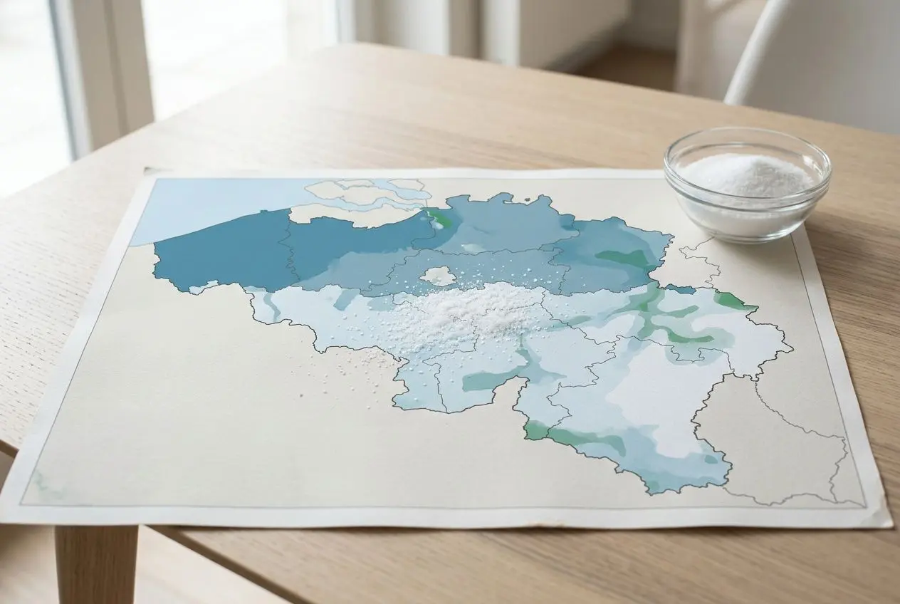Plan de Belgique avec teintes bleues et bol de sel, illustrant l’adoucisseur anti calcaire pour eau dure.