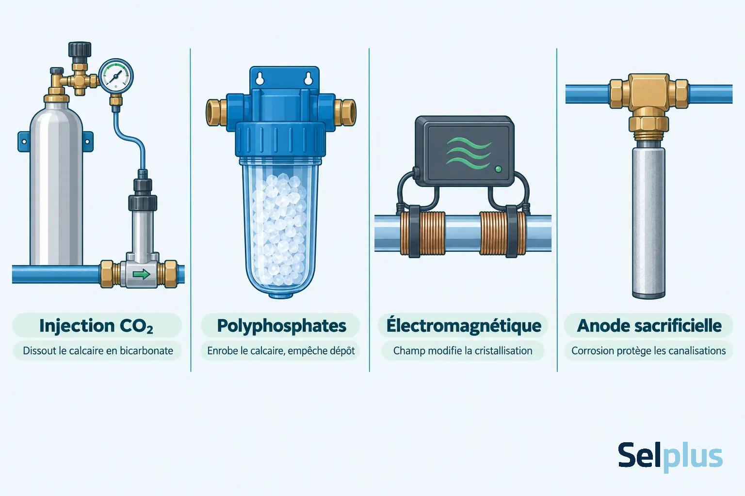 Quatre composants illustrent des technologies pour traiter l’eau : injection de CO2, filtre à résine avec polyphosphates,