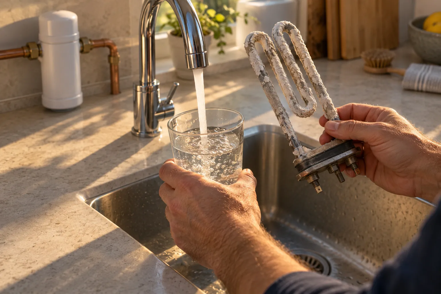 Un homme remplit un verre d’eau du robinet pendant qu’il tient une résistance chauffante desserrée au-dessus de l’évier.