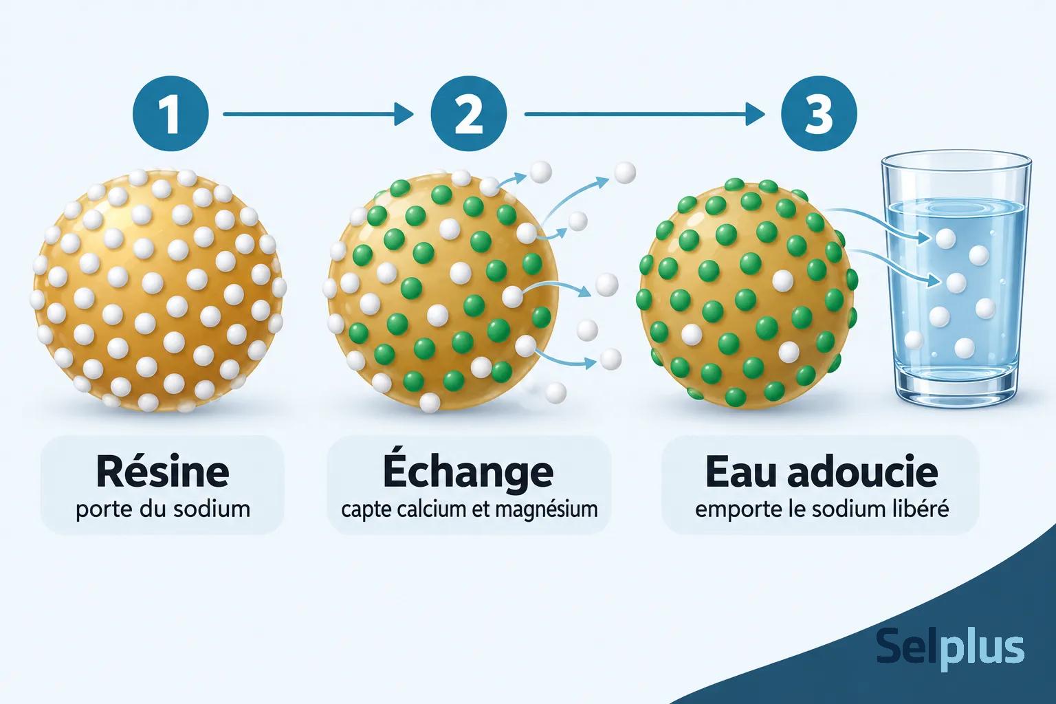 Transformation en trois étapes montrant une boule de résine échangeant le sodium contre le calcium et le magnésium, puis