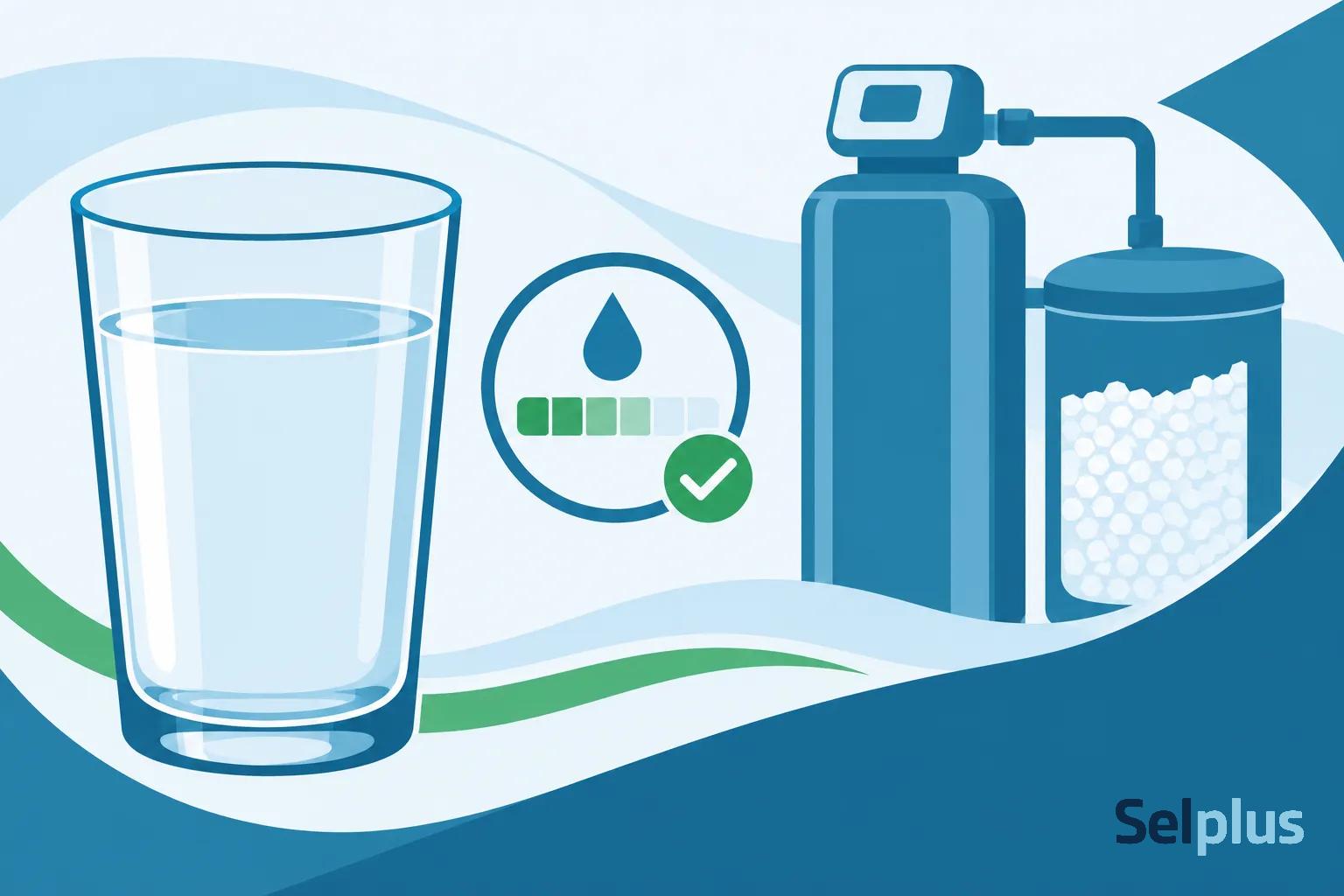 Un verre d’eau et un adoucisseur d’eau bleu avec indicateur d’hygiene, illustrant le contrôle de la dureté et des sels.