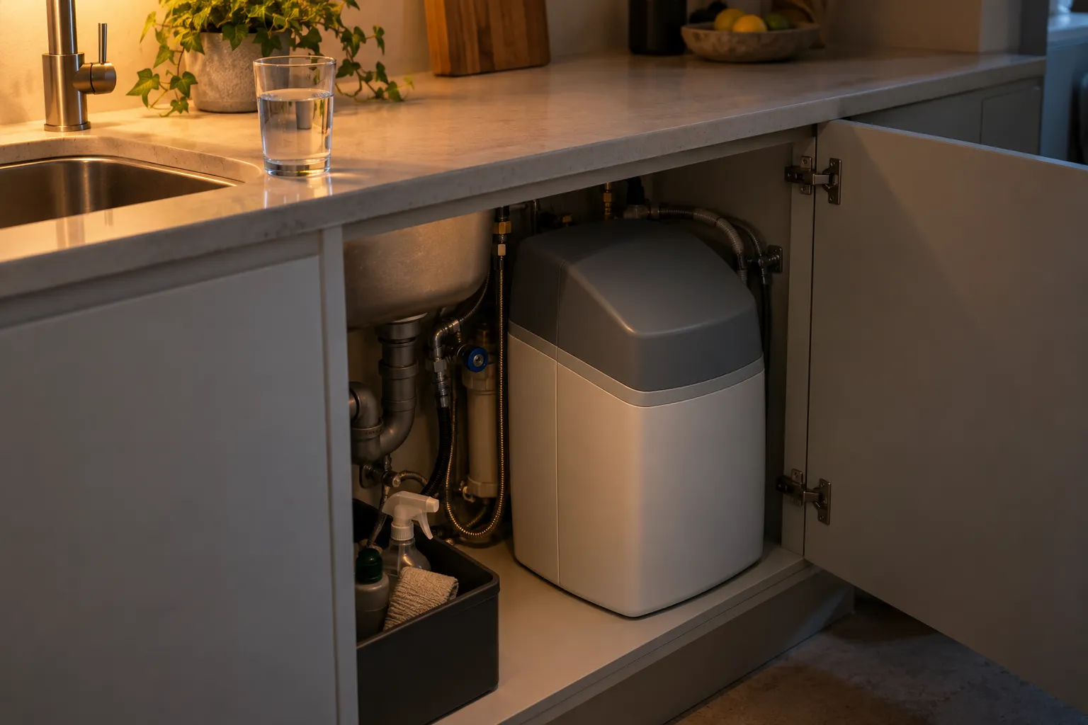 Cuminet sous l’évier, un adoucisseur d’eau de forme cubique est installé dans le meuble de cuisine.