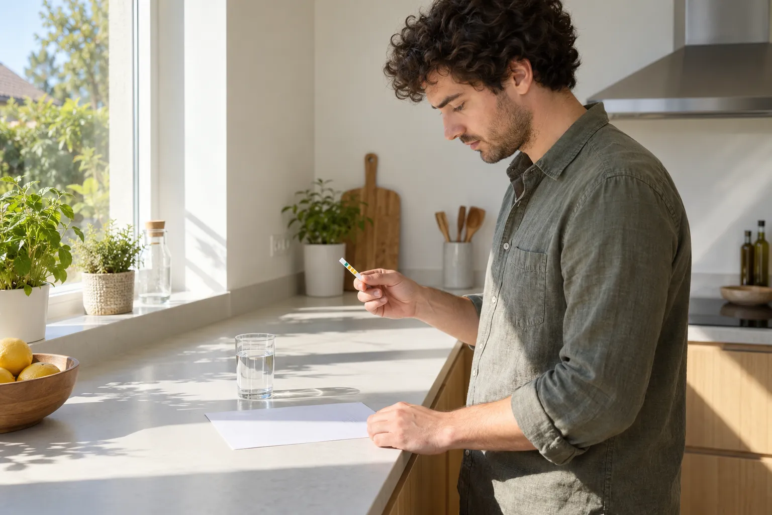 Un homme dans une cuisine mesure la dureté de l’eau avec un test sur le plan de travail.