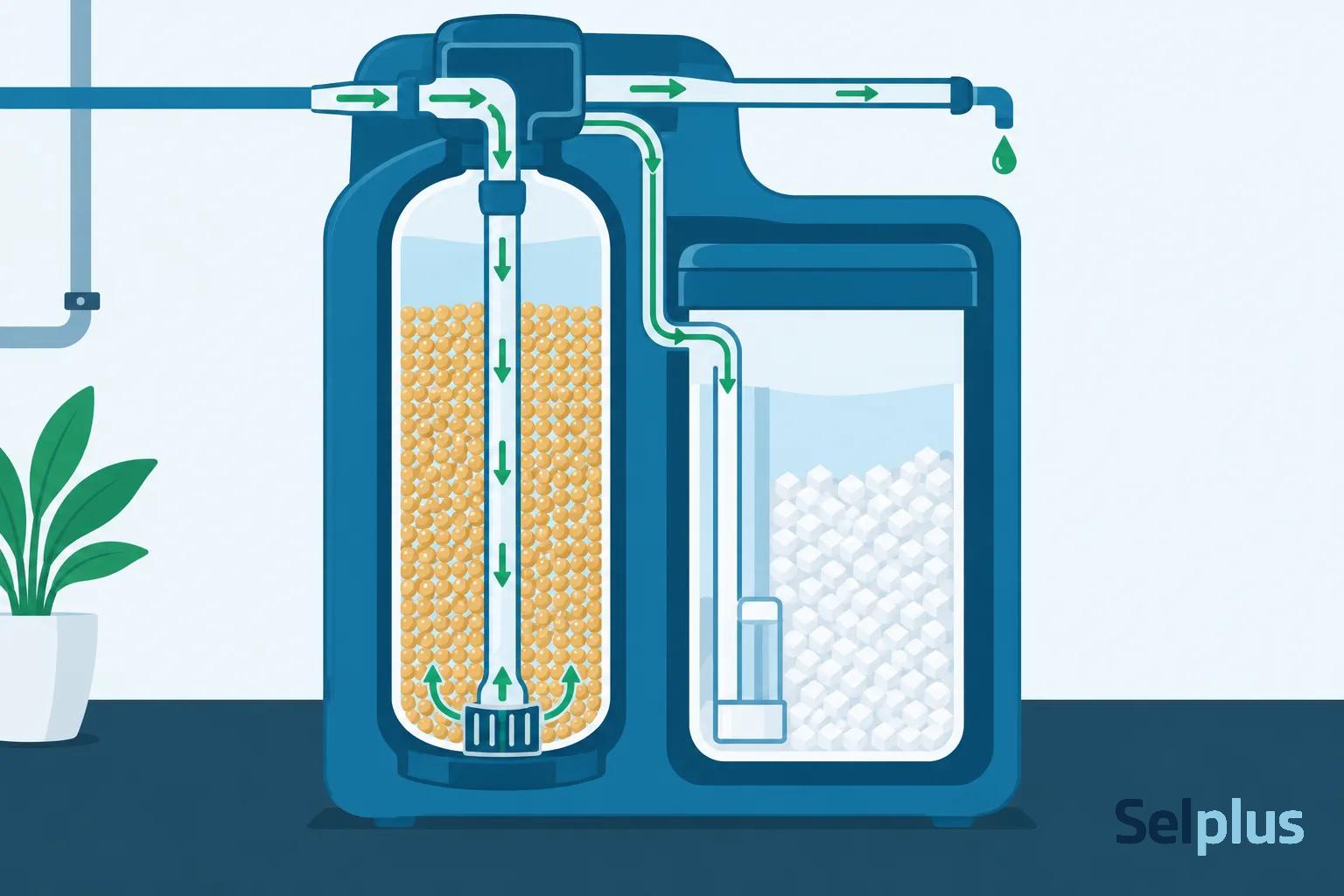 Schéma d’un adoucisseur d’eau montrant le réservoir de résine échangeuse d’ions et le circuit de passage de l’eau.