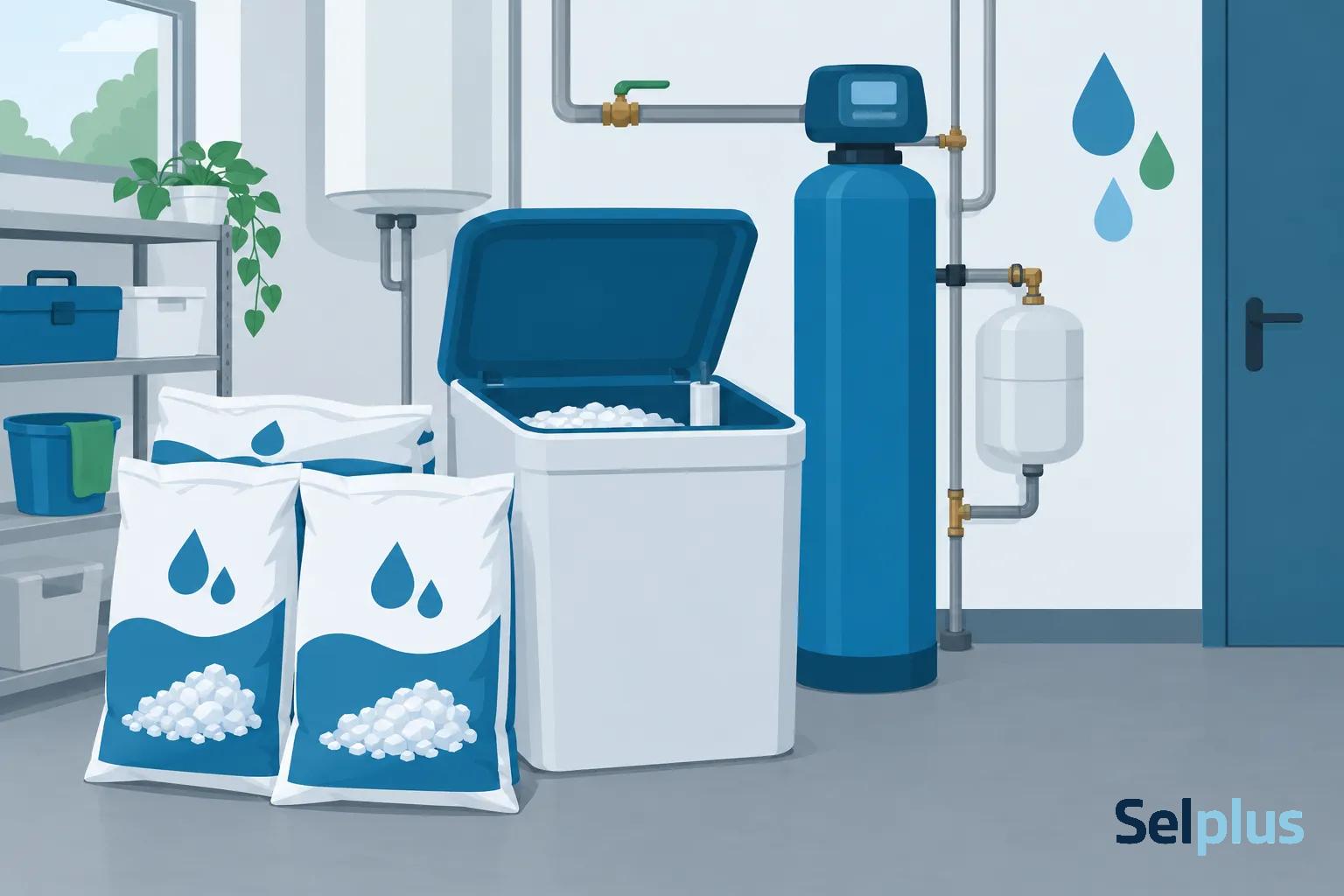 Dispositif adoucisseur d’eau en intérieur avec sacoches de sel et bac rempli de sels pour entretien.