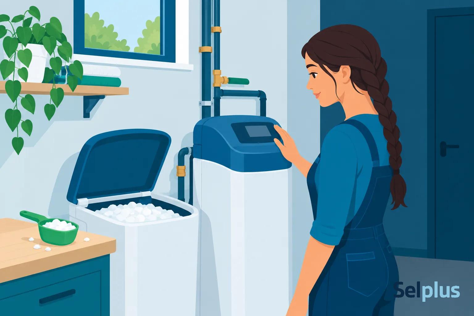 Une femme ajuste une machine adoucisseur d’eau dans une pièce avec un bac de sel à côté.