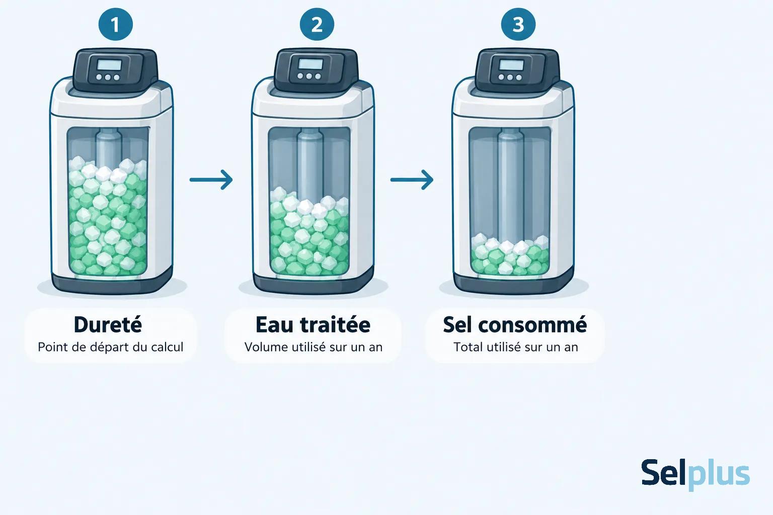 Trois adoucisseurs affichant étape par étape le départ, le traitement et le sel consommé sur une année.