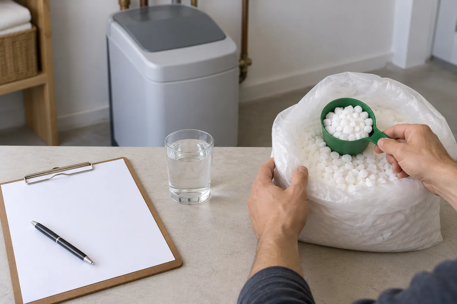 Une main verse des granules de sel dans un sac au domicile, avec un gobelet d’eau et un bloc-notes sur la table.