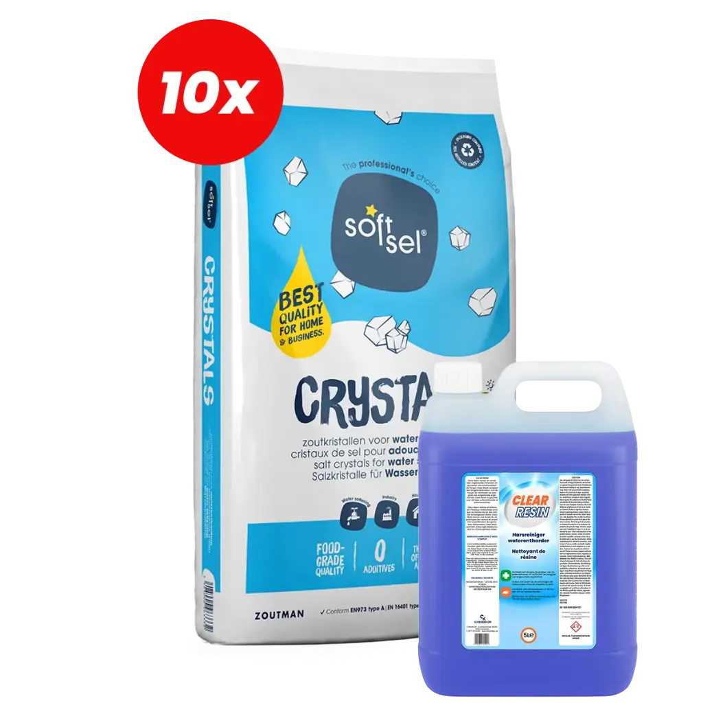Kit complet d'adoucisseur d'eau : 10 sacs de soft sel cristaux (25 kg) + 5 L de nettoyant pour résine