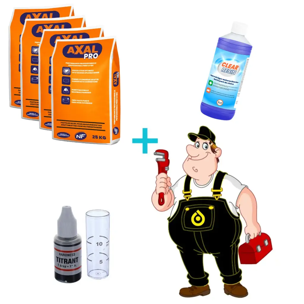 We Care Entretien Adoucisseur d'eau + 4 x 25KG AXAL PRO Sel En Pastilles