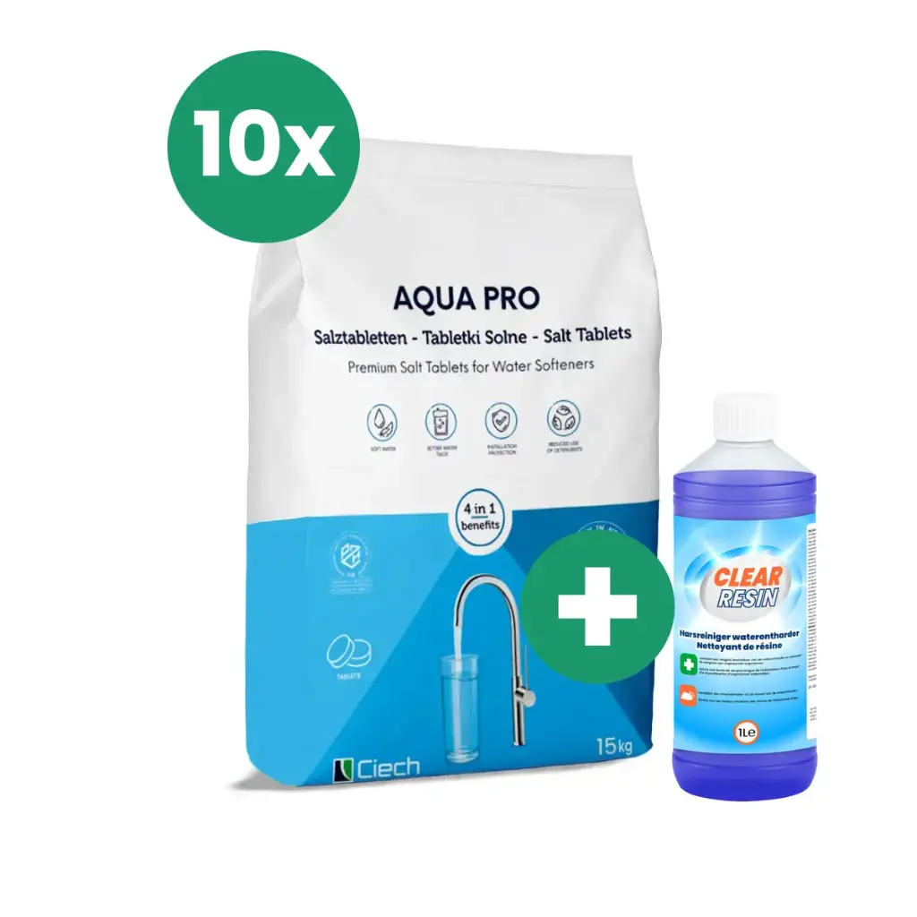 Combo 10 x 15KG Zouttabletten + 1L Harsenreiniger